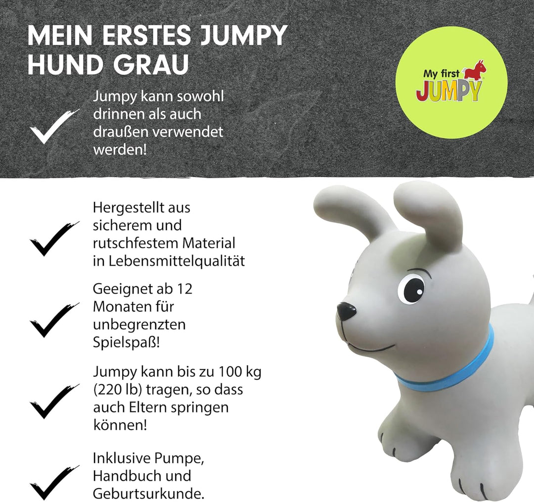 GERARDO'S Toys Gerardos My First Jumpy Hüpfspielzeug Grau Hund für drinnen und draussen, Hüpftier Ki
