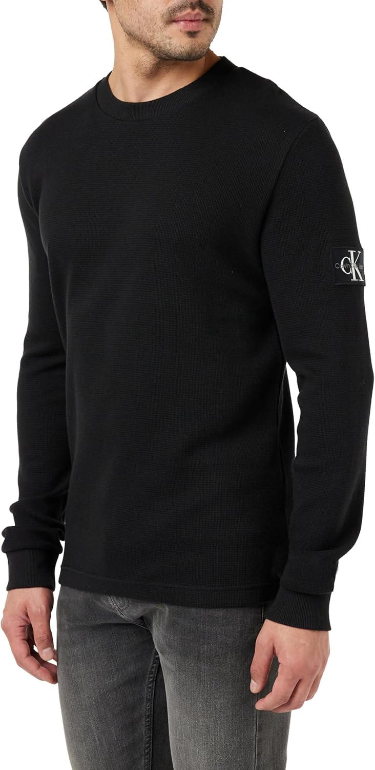 Calvin Klein Herren Langarmshirt Badge Waffle Tee Basic XXS Black (Ck Black), XXS Black (Ck Black)
