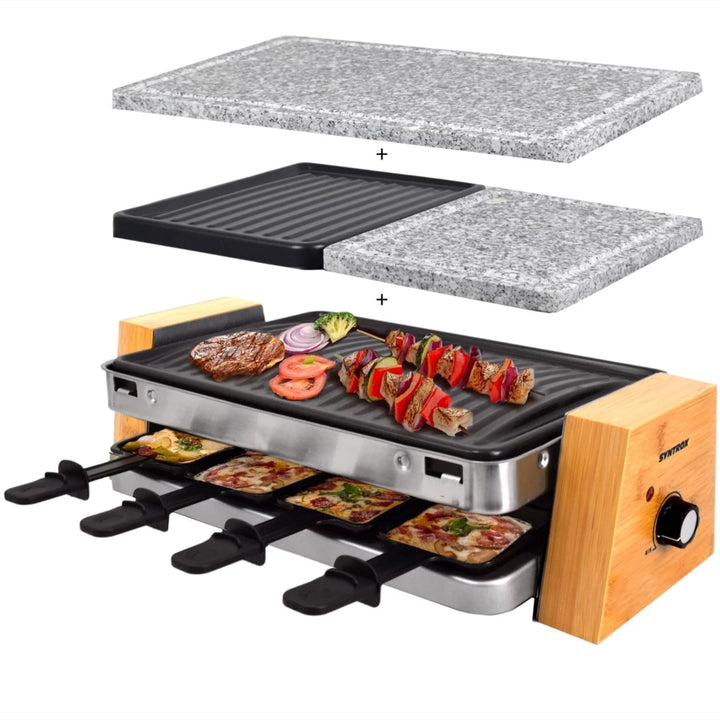 Syntrox Raclette Grill Elektrisch für 8 Personen, 1500W Raclettegrill mit Natursteinplatte und Grill