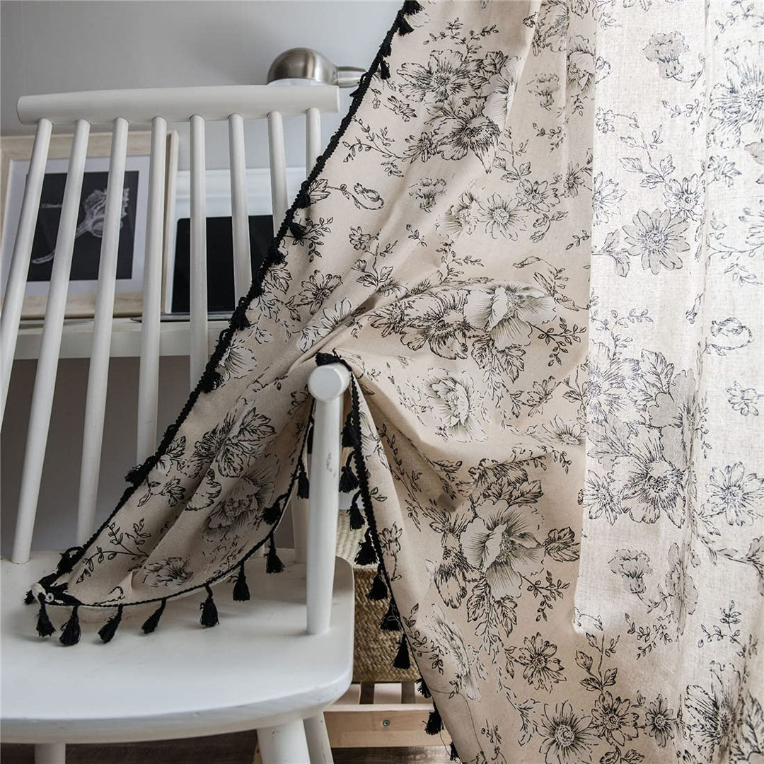 Boho Vintage Gardinen mit Quaste Halbverdunkelungsvorhänge mit Ösen Baumwolle Leinen Dekoschal für W