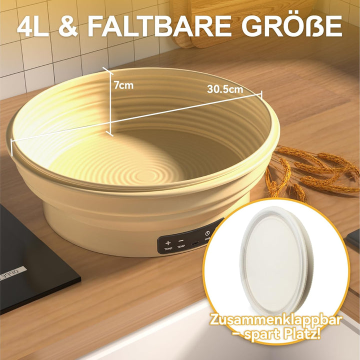 Gärkörbchen mit Heizfunktion und Timer – Rundes Silikon Gärkorb 30cm Brot Backen Zubehör für Sauerte