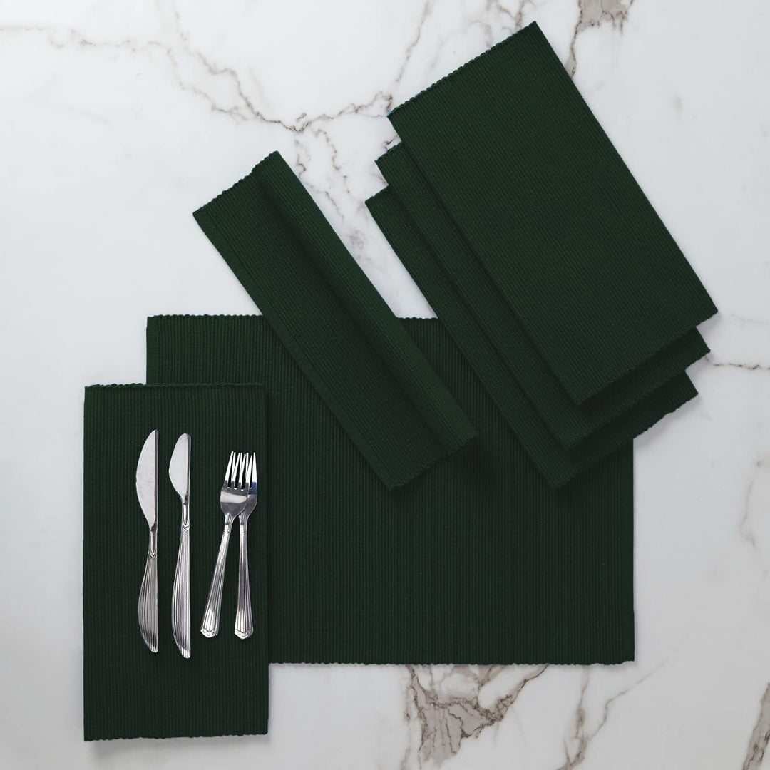 Encasa XO Platzsets Esstisch Set von 6 | Dunkelgrün | Fein gerippte Baumwoll-Tischunterlage | Grösse
