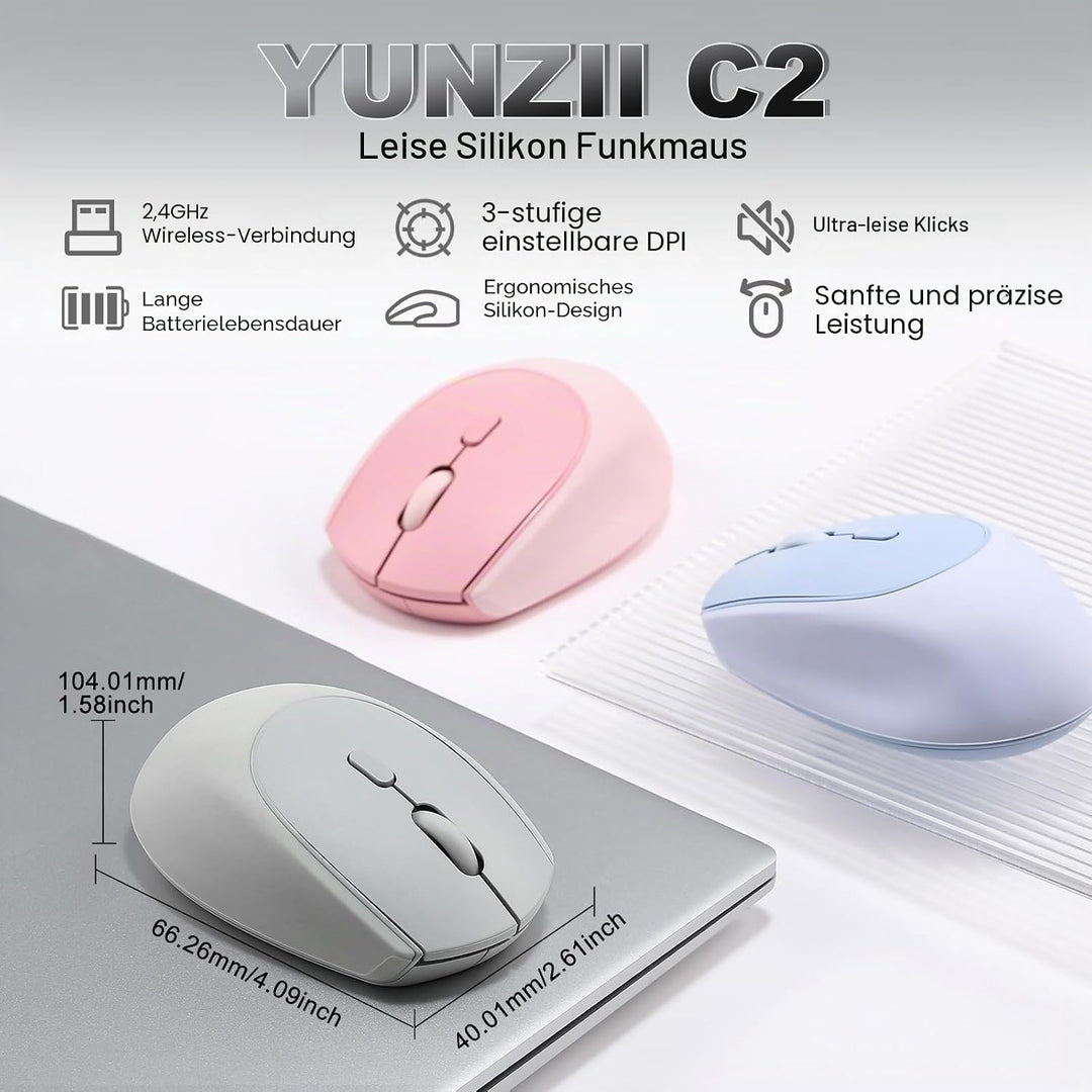 YUNZII C2 Drahtlose Maus, 2,4 GHz Silikon-Lautlose Funkmaus, 3 Verstellbare DPI, 1600 DPI Tracking,