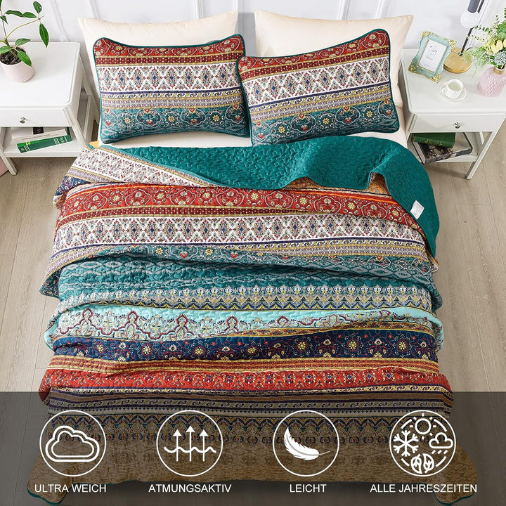 WONGS BEDDING Tagesdecke 220x240 Bettüberwurf Boho Decke Steppdecke 3 Teilig Doppelbett Gesteppt Bet