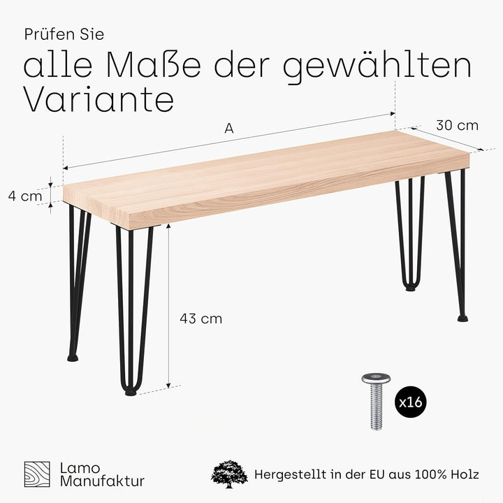 LAMO Manufaktur Sitzbank Esszimmer Holzbank 30x60x47 cm, Möbelfüsse Creative Schwarz/Roh, LSB-01-A-0