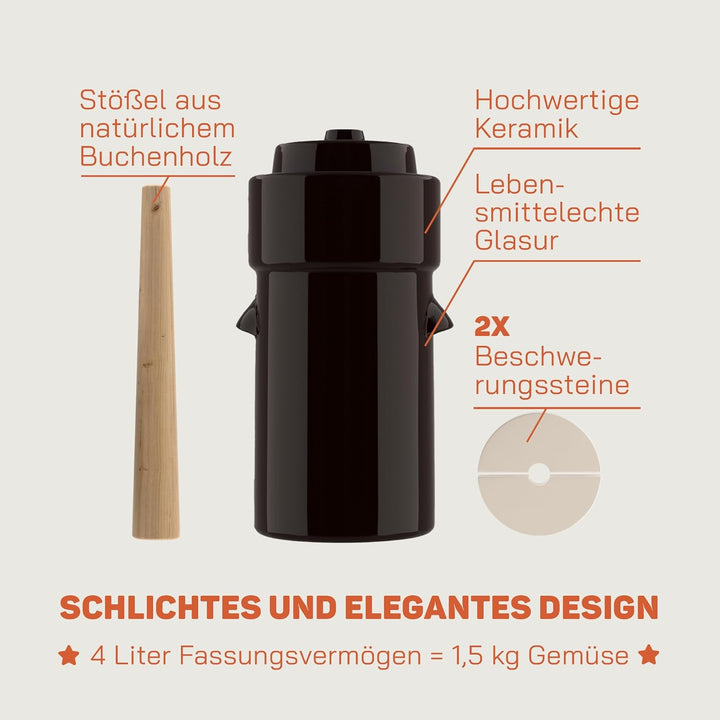 Gärtopf 4 Liter zum Einlegen & Fermentieren – Sauerkrauttopf mit Deckel, Krautstampfer & Fermentierg