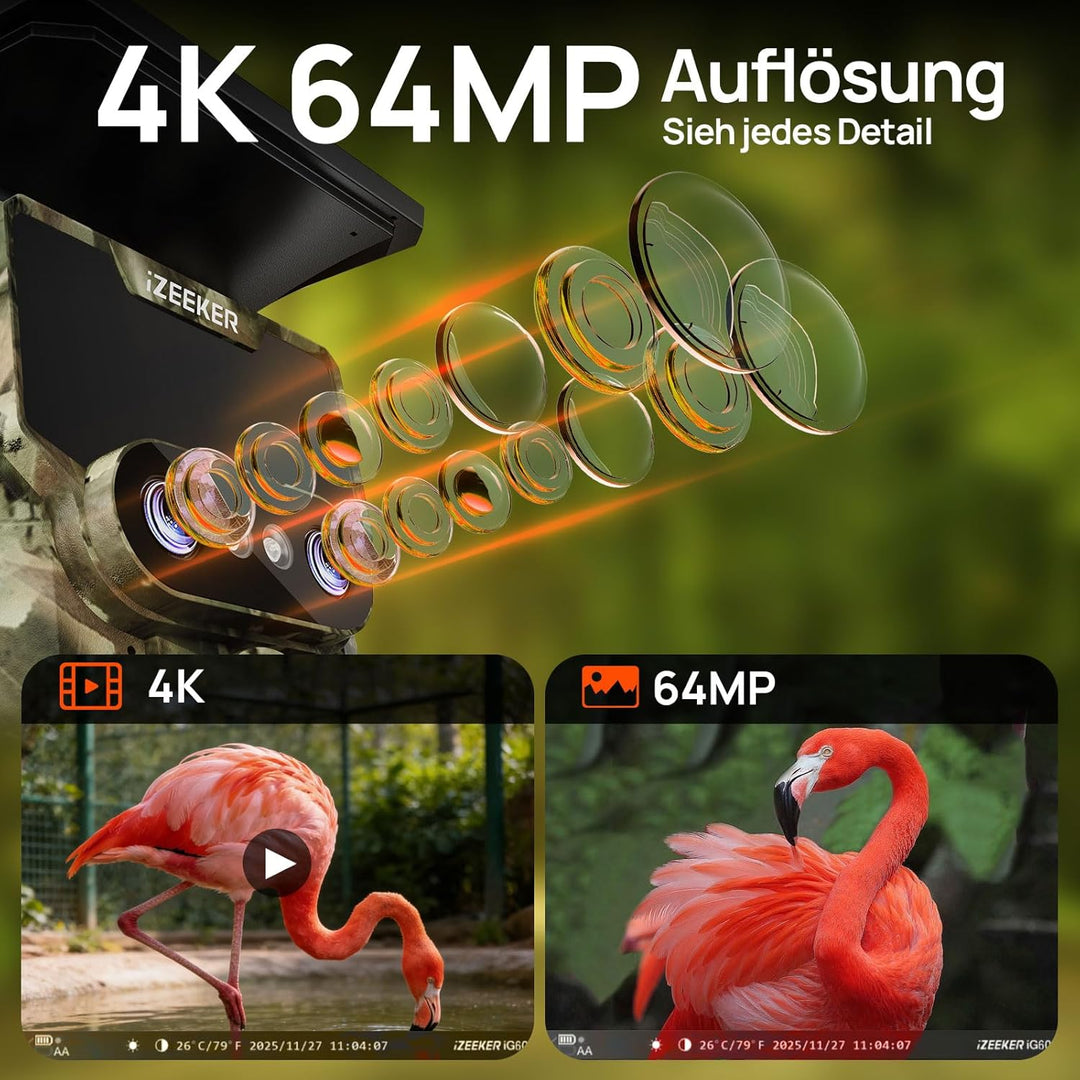 iZEEKER Wildkamera WLAN Duales Objektiv 4K 30fps 60MP, Wildtierkamera mit Sternenlicht Nachtsicht Be