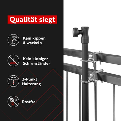 STORM-PROOF Sonnenschirmhalter für eckige Geländer - Zwei-Punkt-Befestigung aus Stahl… (Schirmstock
