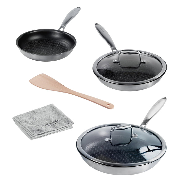 Silverstar Edelstahl Pfannen Set 20/24/28 cm mit Deckel 24/28 cm Pfannenwender, Kratzfeste Wabenpfan