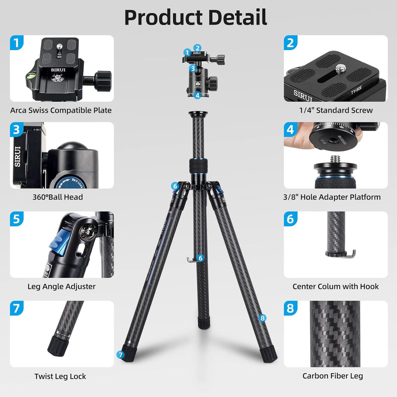 SIRUI Carbon Kamera Reisestativ Fotostativ Kamerastativ mit E-10 360°Kugelkopf, 151.9 cm Kompakt,Sch