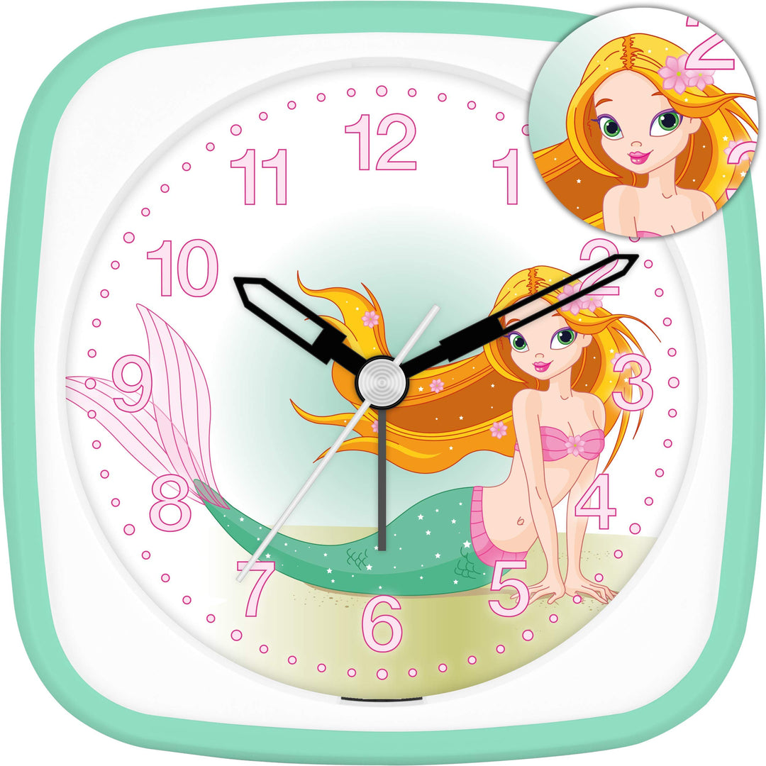 Eurotime Wecker für Mädchen mit Meerjungfrau, Mint Weiss, Kinderwecker, Kunststoffgehäuse und Kunsts