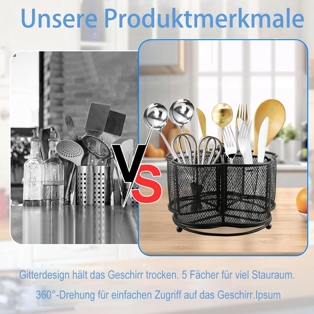 Ronyes Küchenutensilien-Organizer mit 5 Fächern, 360° drehbar, Besteck-Utensilienhalter zur Aufbewah