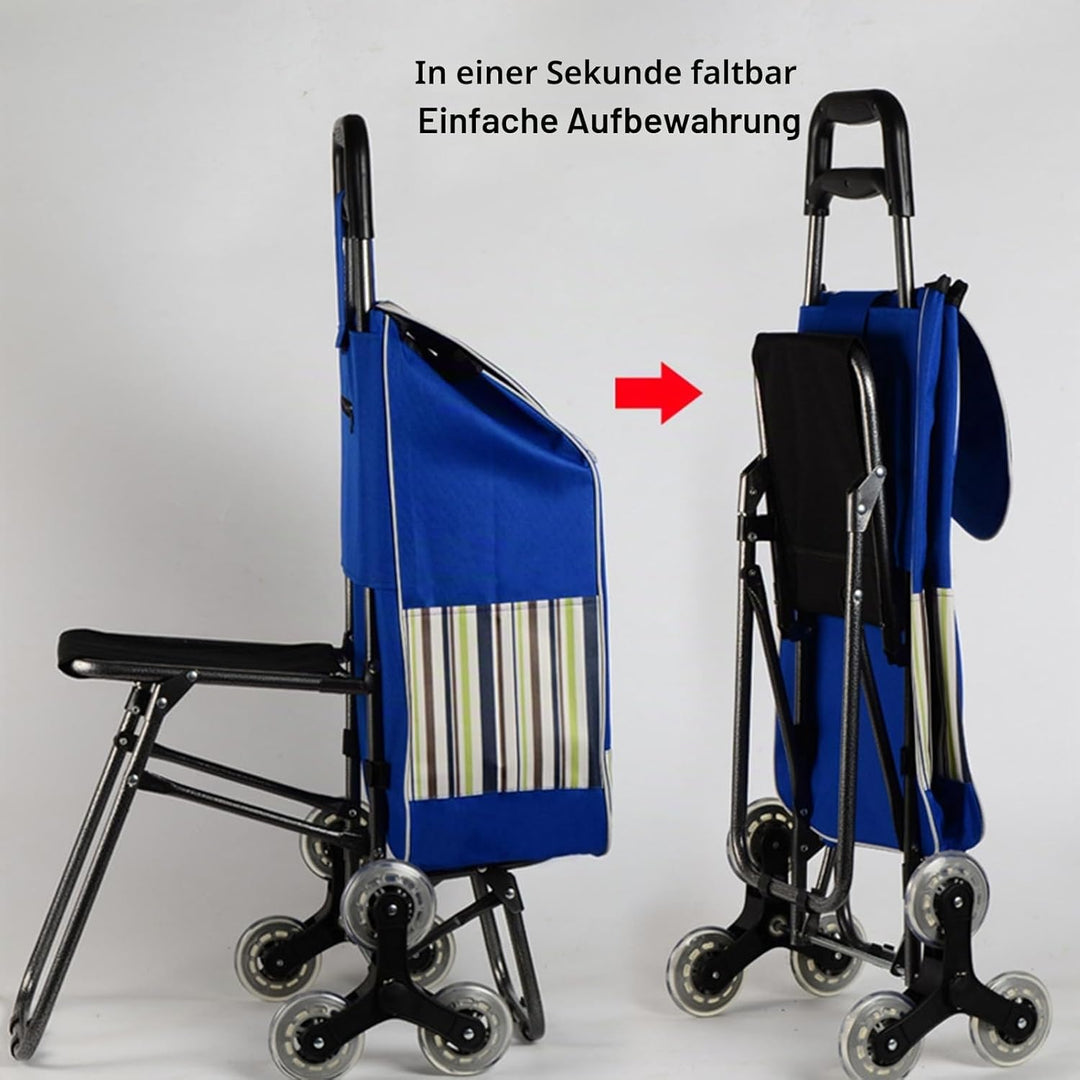 Einkaufstrolley, faltbar, mit Sitz, tragbar, zwei Dreifachräder für einfaches Treppensteigen, Nutzwa