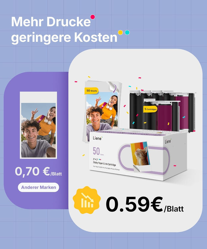 Liene Pearl N200 Pro Tragbarer Mini Fotodrucker mit Farbsublimation – Inkl. 50 selbstklebende Fotos
