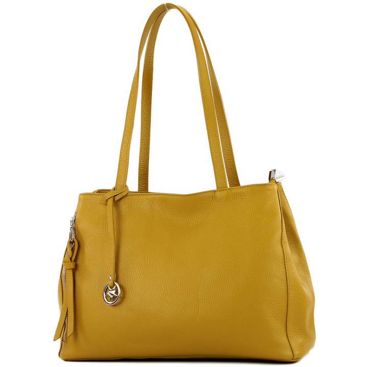modamoda de - T205 - ital. Schultertasche Henkeltasche aus Leder Senfgelb, Senfgelb