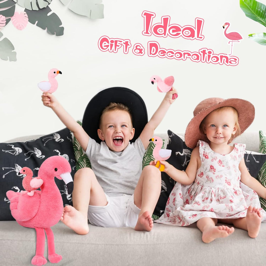 MorisMos 45cm sitzend Plüsch Flamingo mit 4 Baby im Bauch, Rosa Süss Kuschelig Flamingon Plüschtier