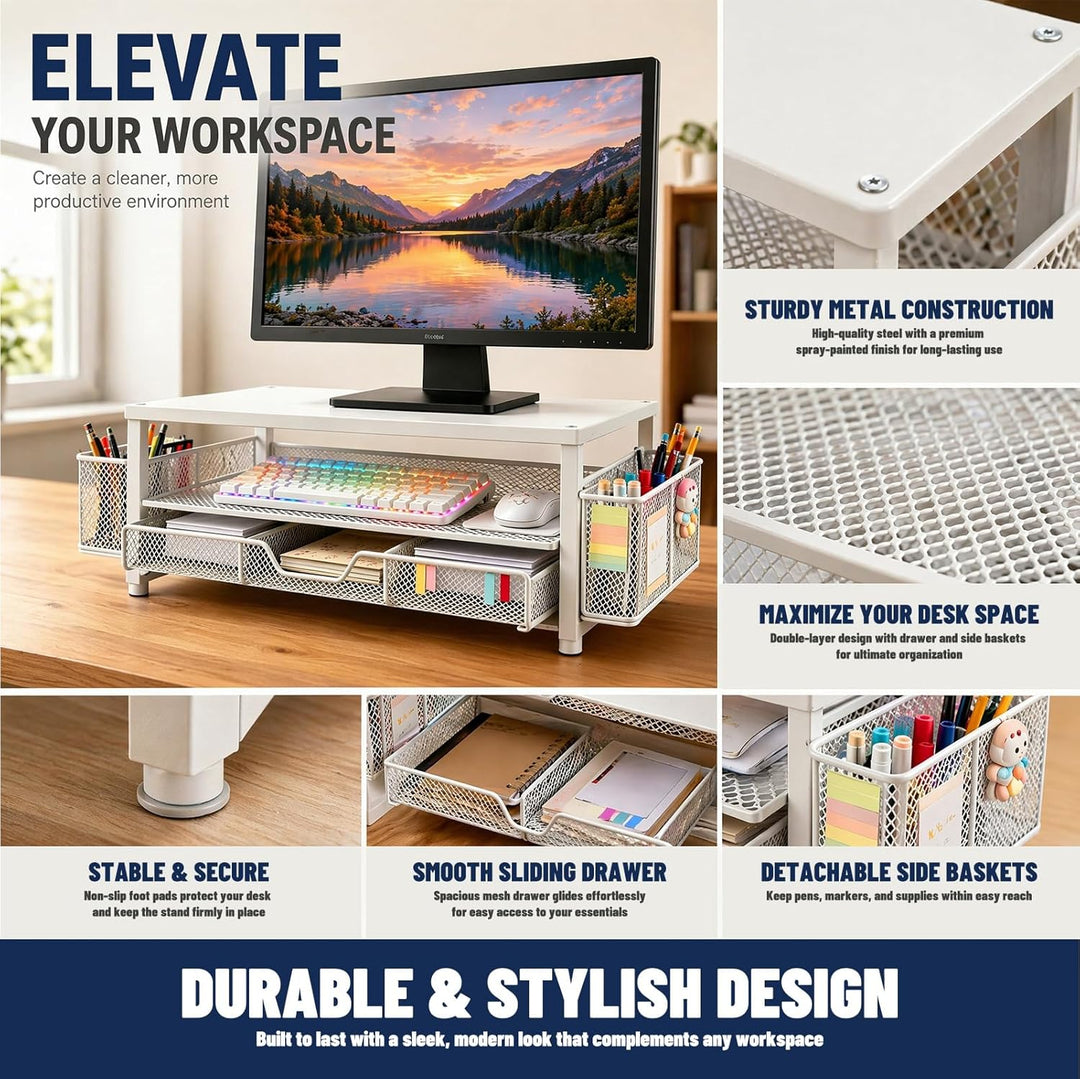 Monitor Erhöhung, ergonomischer Monitorständer mit Schublade und 2 Stifthaltern, Schreibtisch Organi