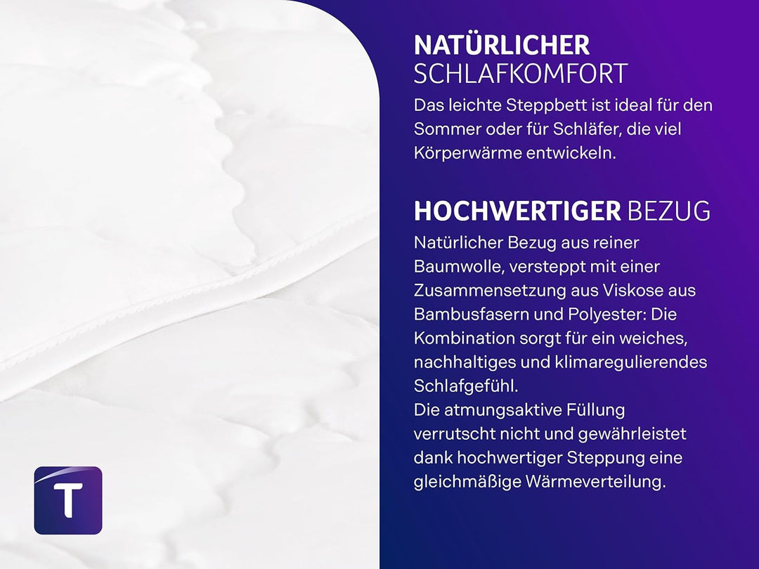 Traumnacht Bamboo Sommersteppdecke mit Bambusfasern, hypoallergenes, antibakterielle Sommerdecke 135