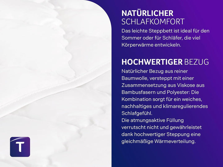 Traumnacht Bamboo Sommersteppdecke mit Bambusfasern, hypoallergenes, antibakterielle Sommerdecke 135