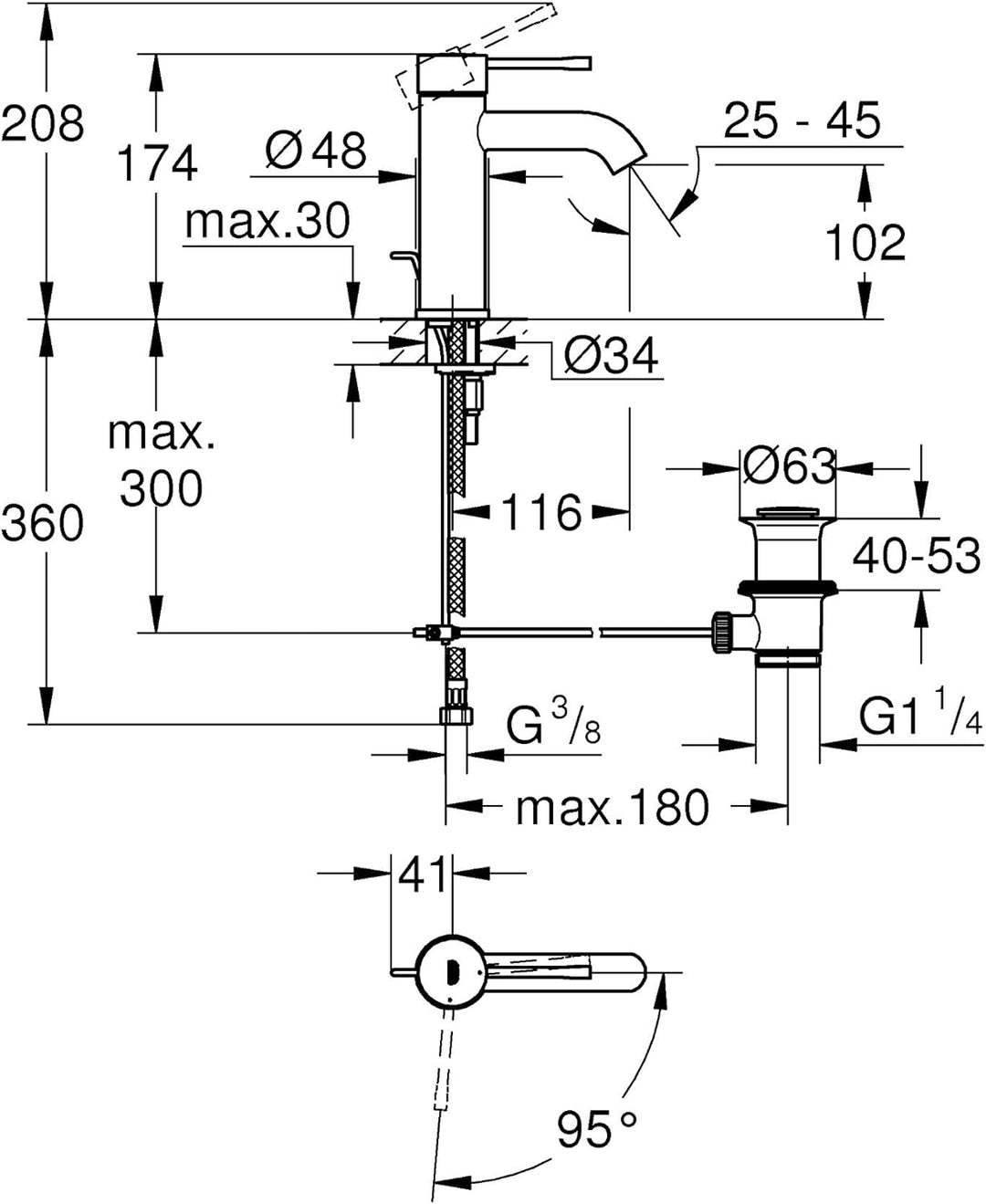 Grohe EssenceEinhand-Waschtischbatterie, DN 15 S-Size, 1 stück, grau, 23591001 S mit Zugstange Ablau
