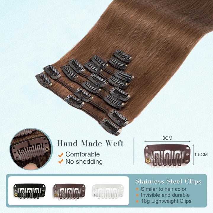 Benehair Clip in Extensions Echthaar, 8 Stück 100% Echtes Haar Extension 70g, Schokoladen Braun Haar