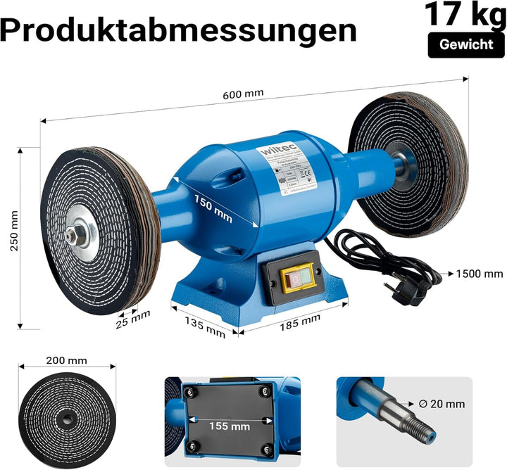 Wiltec Poliermaschine 750W mit 2 Polierscheiben Ø 200mm, 2950 U/min, Doppelschleifer mit robustem Ge