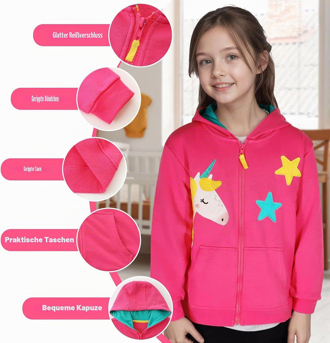 Zip Up Hoodie Jungen Mädchen Kapuzenpullover Langarm Baumwolle Sweatjacke Einhorn Traktor Hoody Swea
