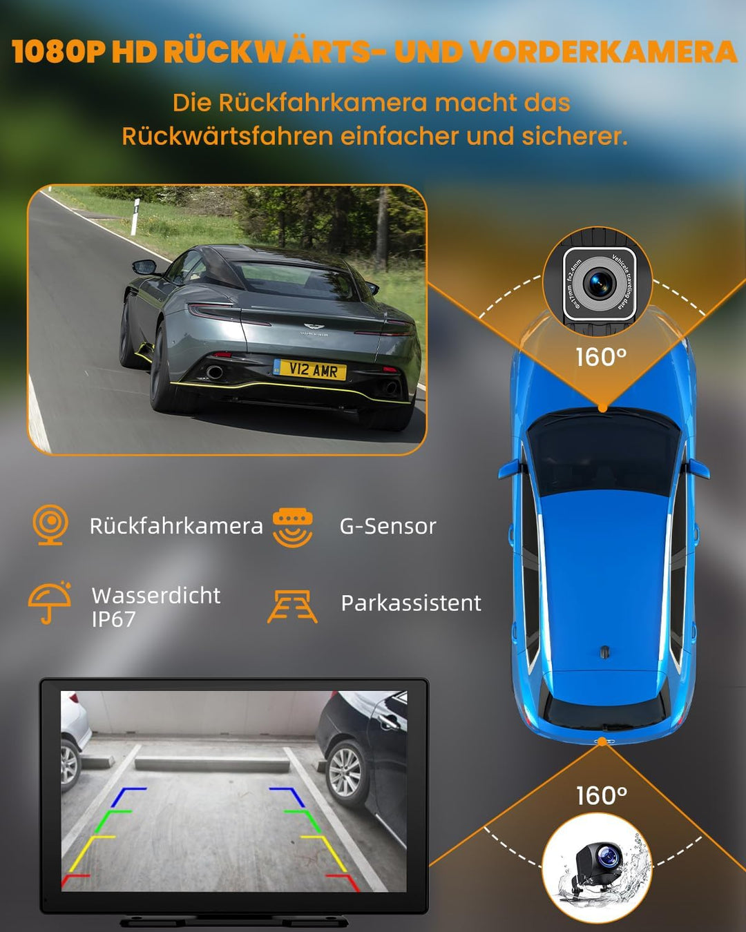 Carplay Display, 9" Apple carplay, Android Auto Display mit 1080P HD Rückfahrkamera & Frontkamera, G