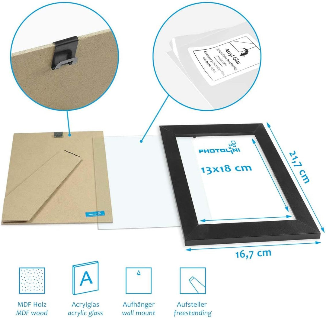 PHOTOLINI 3er Bilderrahmen 13x18 Schwarz Holz MDF, Set breite Bilderrahmen 18x13, Fotorahmen 13 x 18