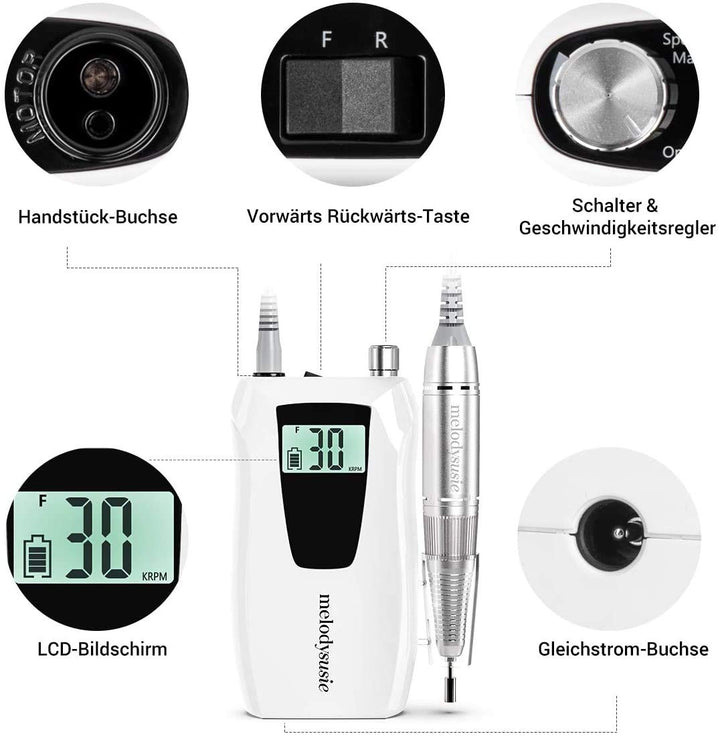 MelodySusie Professionell Nagelfräser, 30000 U/min Elektrische Nagelfeile Wiederaufladbar Tragbar Ak