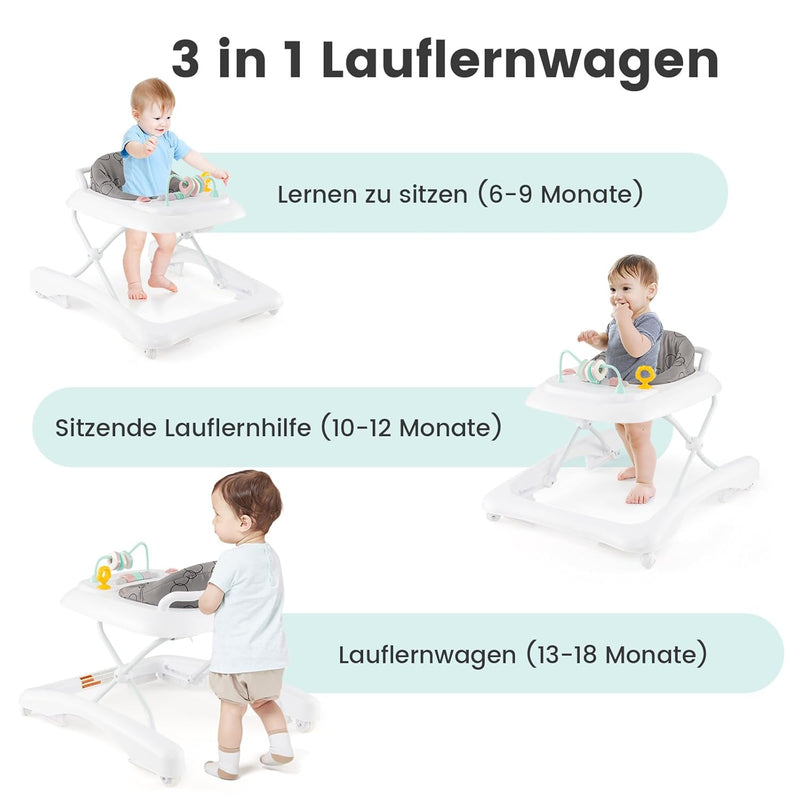 DREAMADE Baby Walker, Klappbare Lauflernhilfe mit 3 Verstellbaren Höhen, Abnehmbarer Spielplatte & S