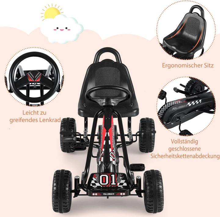 COSTWAY Gokart mit verstellbarem Sitz, Go Kart mit Handbremse, Tretauto bis 30 kg belastbar, Pedal G