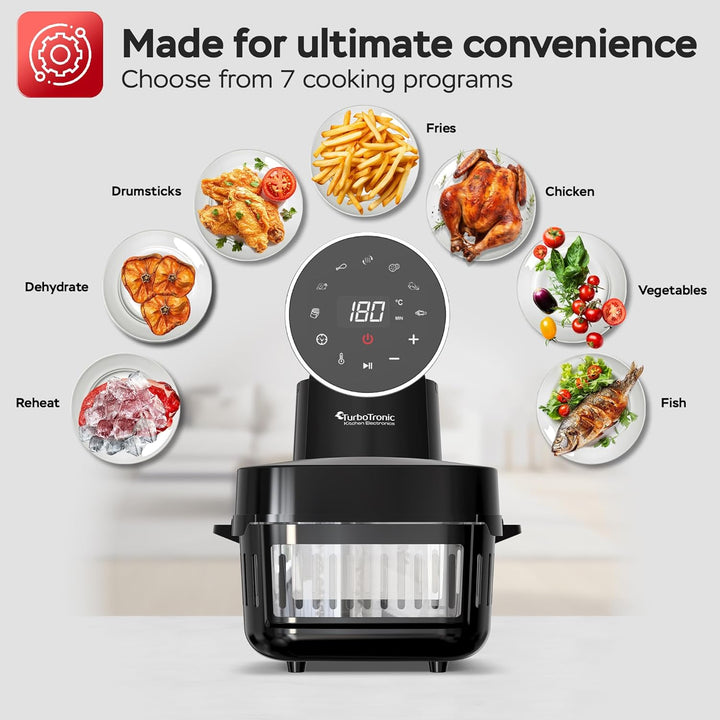 TurboTronic Heissluftfritteuse 6 L - AFG6-1600 W Glas Airfryer – Digitale Heissluft Fritteuse 50–180