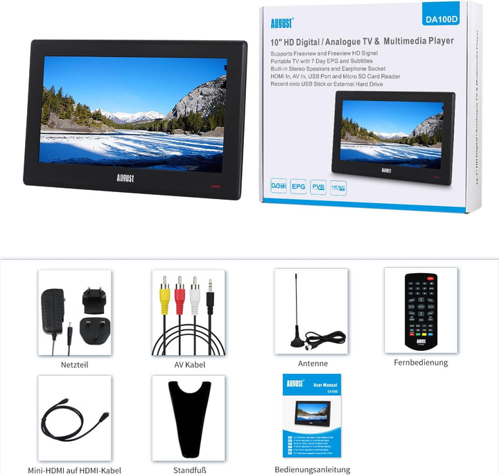 August DA100D – 10” Tragbarer HD TV DVB-T2 MPEG4 H.264/H.265/HEVC – LCD Fernseher mit PVR & Multimed