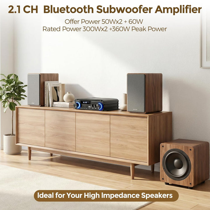 2.1 Kanal Stereo Audio Verstärker, Bluetooth 5.0 HiFi Endstufe mit Subwoofer-Ausgang, 300W×2+360W, U