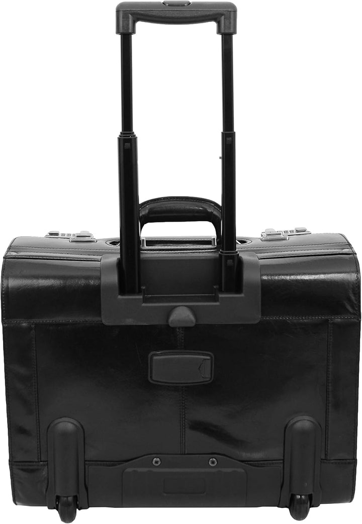 Pilotenkoffer aus echtem Leder mit Rollen, Schwarz
