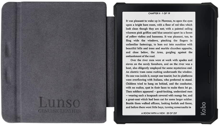 Lunso - Geeignet für Kobo Libra 2 Hülle (7 Zoll) - Leder Schleppcover - Schwarz