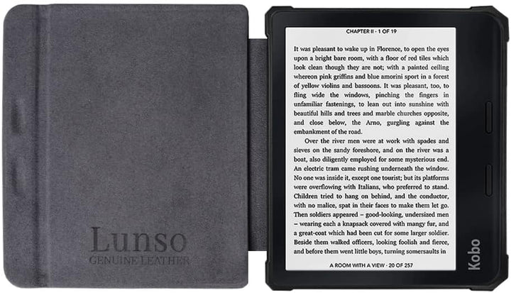 Lunso - Geeignet für Kobo Libra 2 Hülle (7 Zoll) - Leder Schleppcover - Schwarz