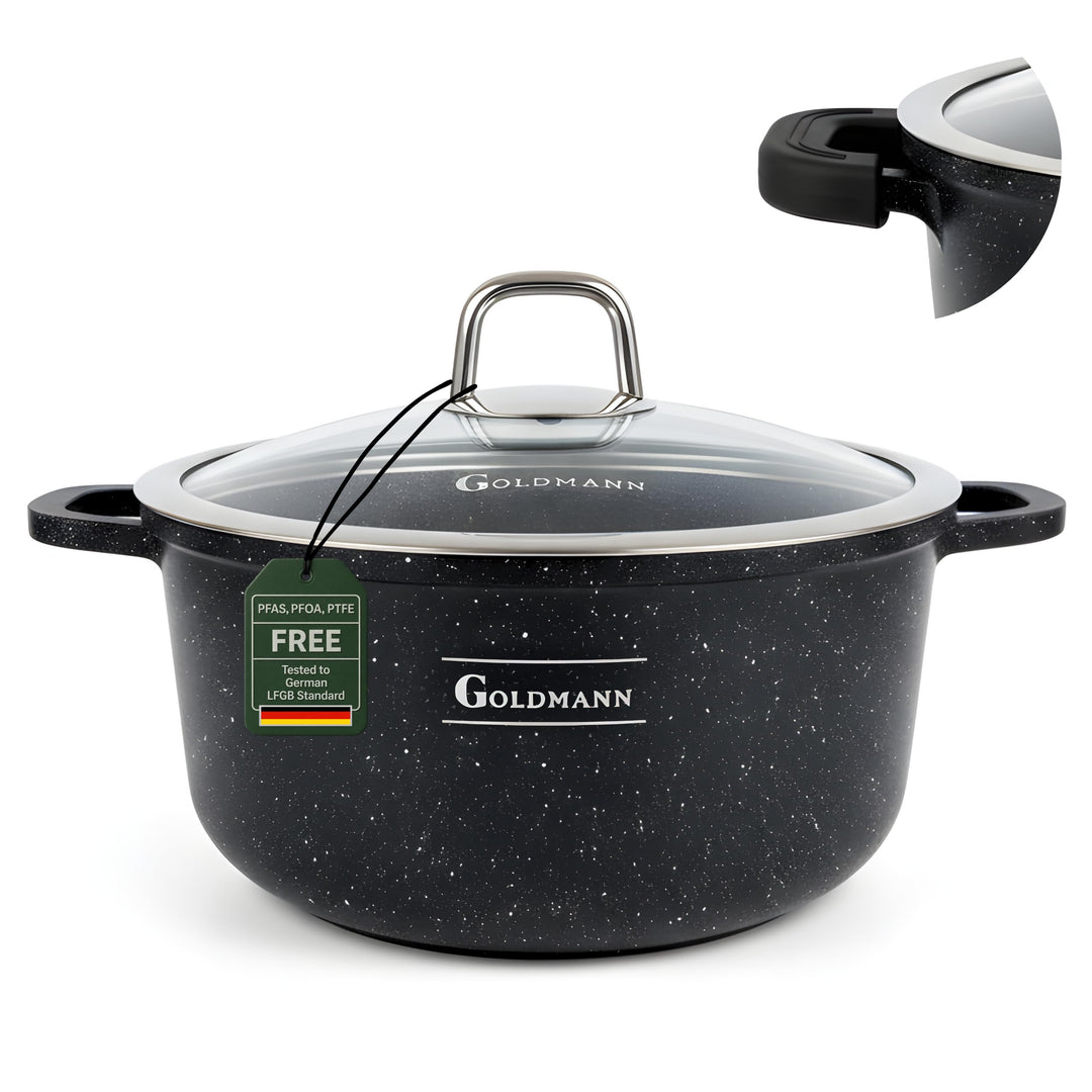 GOLDMANN Kochtopf 24 CM (4.5L) aus Aluminiumguss mit Glasdeckel, Keramik-Marmor Antihaftbeschichtung