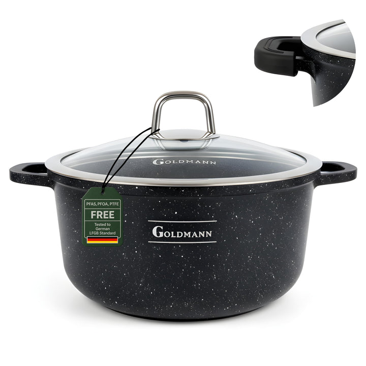 GOLDMANN Kochtopf 24 CM (4.5L) aus Aluminiumguss mit Glasdeckel, Keramik-Marmor Antihaftbeschichtung