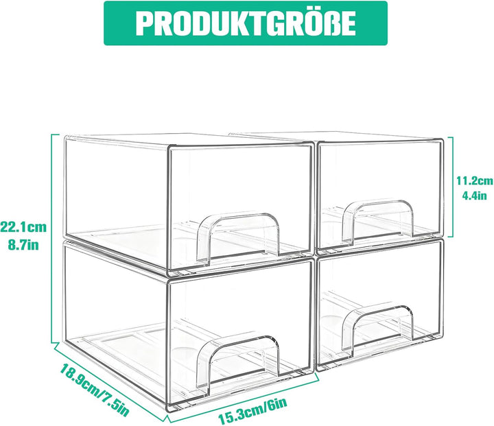 Schreibtisch Organizer mit 4-Schubladen, 4er Stück Schubladenbox, Durchsichtige Acryl Büro Organizer
