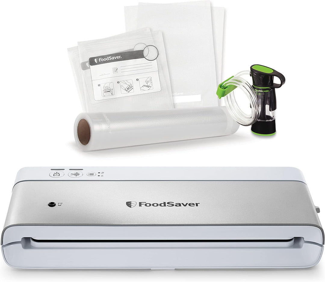 FoodSaver kompaktes Vakuumiergerät mit Handheld-Vakuumierer | 1 Rolle & 4 Beutel | Silber mit weisse