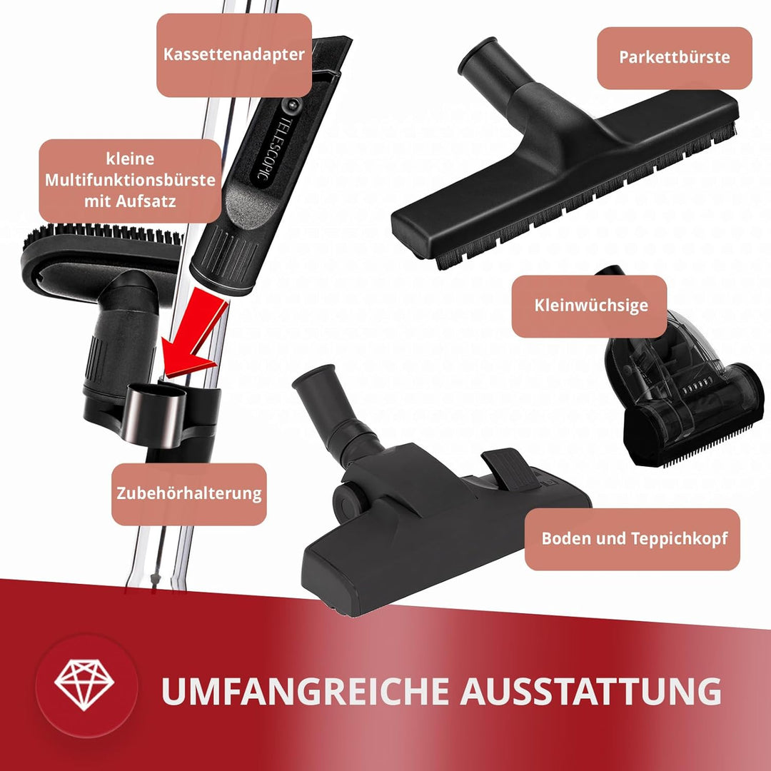 MPM MOD-25 Beutelloser Zyklon-Staubsauger, mit Zubehör, 1,1 Liter, leise, einfache Reinigung, 9 Mete