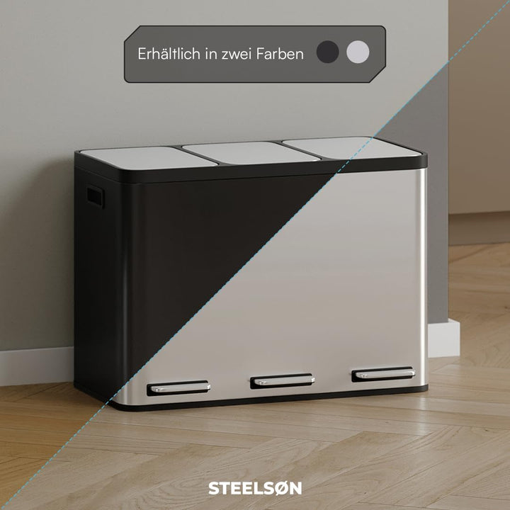 STEELSØN Epsilon Mülleimer 3 Fächer – Mülltrennsystem Küche 3x15L aus Edelstahl Silber – Tretmülleim