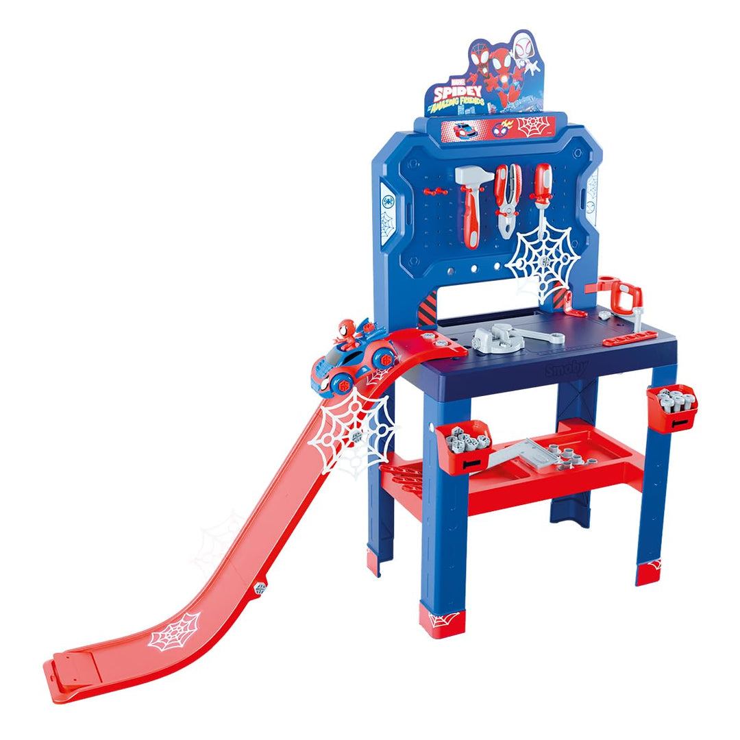 Smoby – Spidey Werkbank mit Sprungschanze – Werkcenter, 94 Zubehörteile mit 6 Werkzeugen &amp; Fahrzeug-