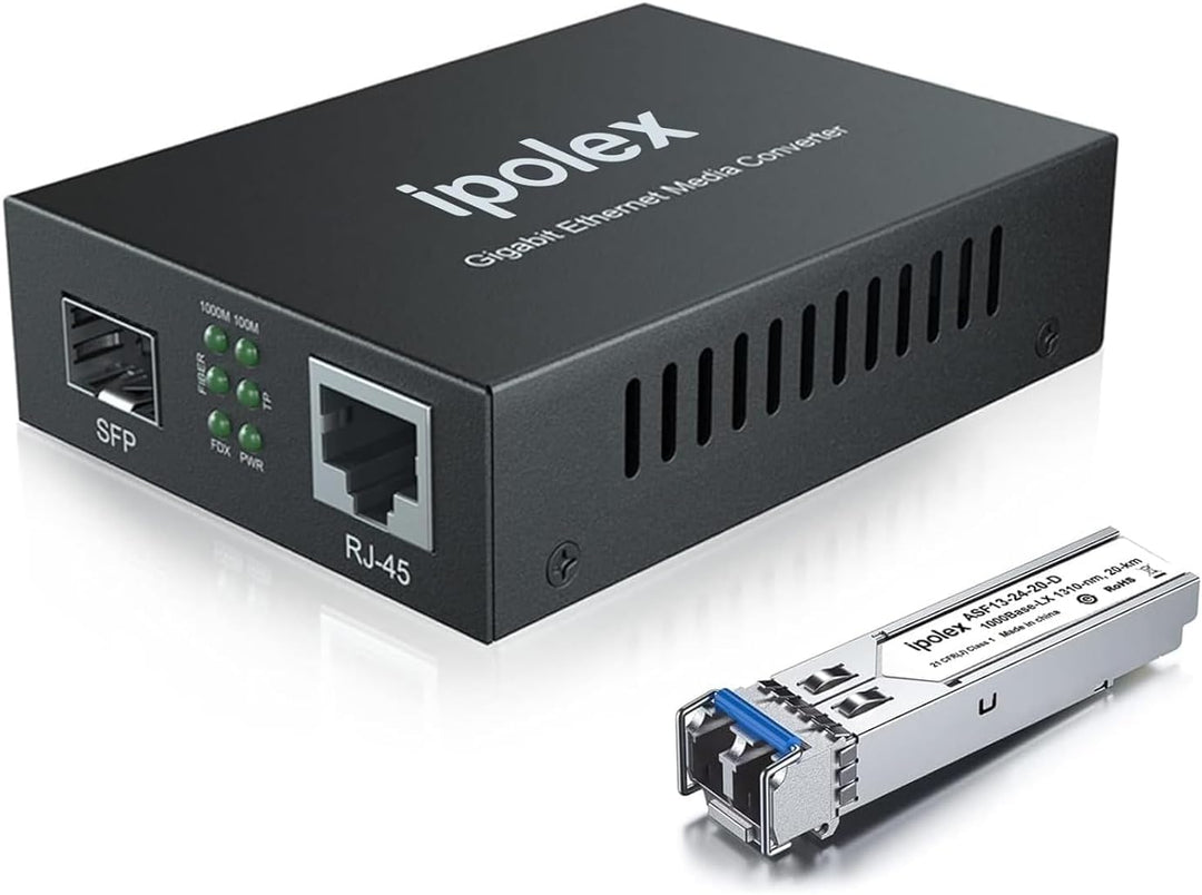 ipolex Gigabit Ethernet Medienkonverter LWL Glasfaser Singlemode LC, mit 1G SFP LX Transceiver-10/10