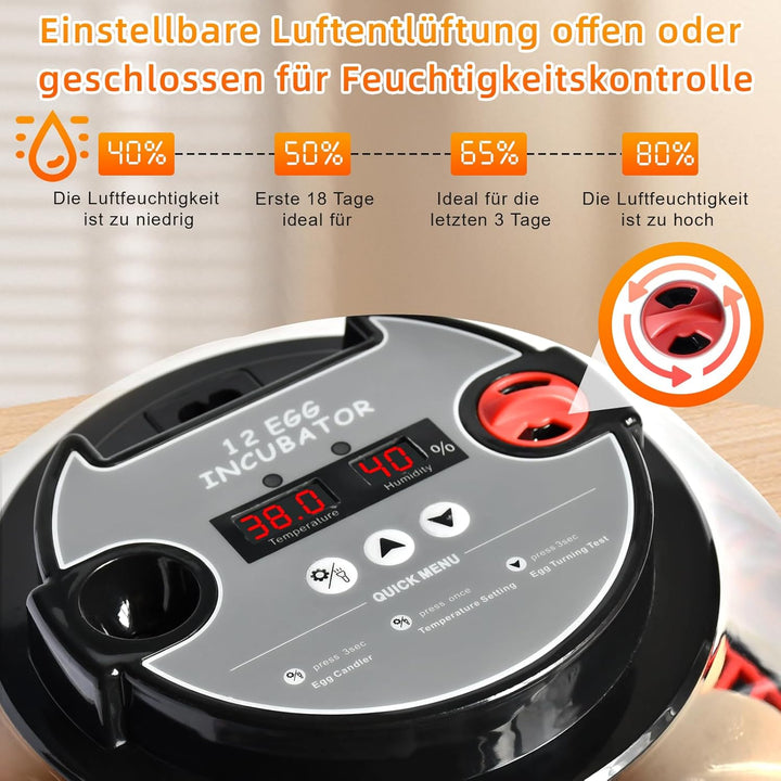 Brutautomat Vollautomatisch Eierinkubator 12 Eier mit Wasserversorgung,Automatischem Eierwender und