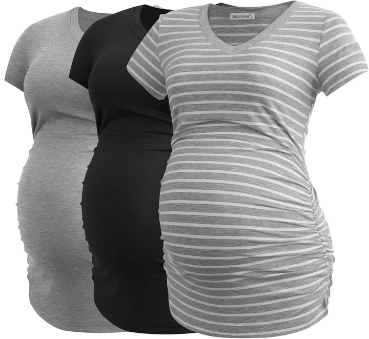 Smallshow Damen Umstandstop V Hals Schwangerschaft Seite Geraffte Umstandskleidung Tops T Shirt 3 Pa