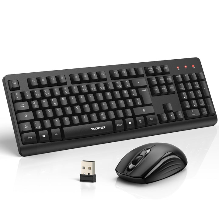 TECKNET Tastatur Maus Set Kabellos, QWERTZ Layout Funktastatur mit Maus, Vollformat, Spritzwasserges