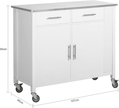 SoBuy FKW108-W Design Küchenwagen mit Edelstahlplatte Kücheninsel mit Seitenregal Küchenschrank Roll